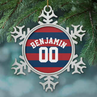 Name der Navy Blue und Red Rugby Stripes Schneeflocken Zinn-Ornament