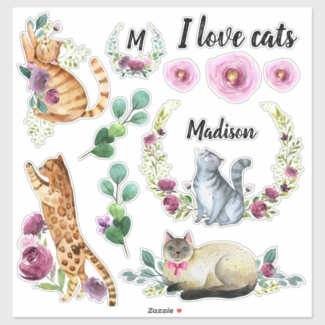 Name der niedlichen Katze Name der Monogrammnummer Aufkleber (Blatt)