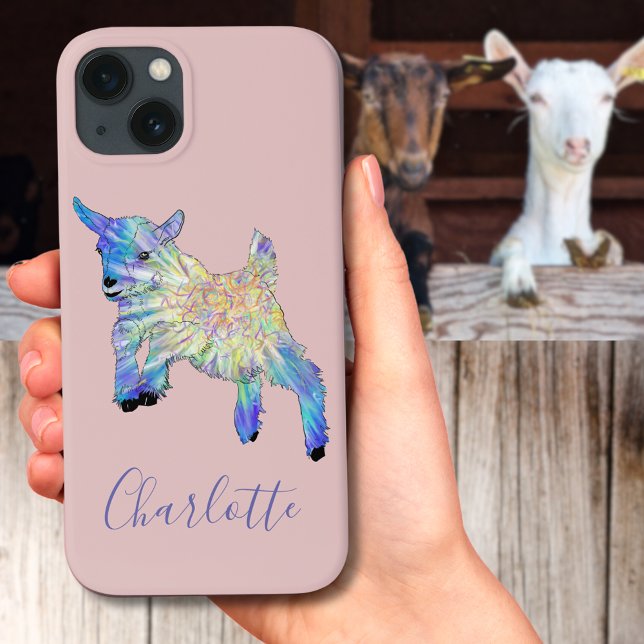 Name der niedlichen Ziegensprunganleitung Case-Mate iPhone Hülle (Cute baby goat jumping illustration pink mobile phone case with personalized name)