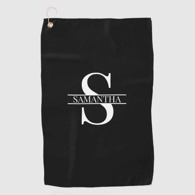 Name der personalisierten, eleganten Schwarz-Weiß- Golfhandtuch (Vorderseite)