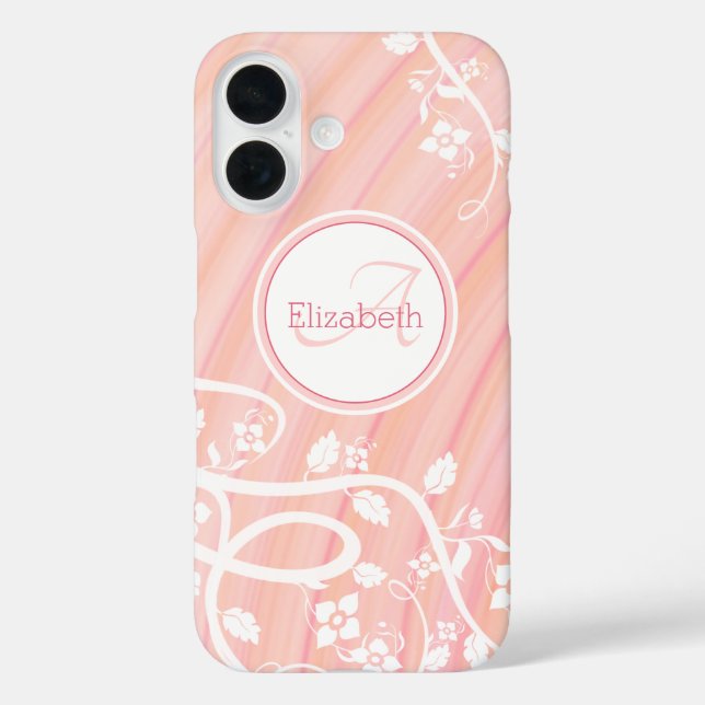 Name der personalisierten Girl Monogramm Rosa Weiß iPhone 16 Hülle (Rückseite)