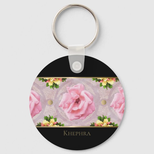 Name der rosa Floral Watercolor Monogram Schlüsselanhänger (Vorderseite)