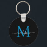 Name der Schwarz-Blau-Monogrammkarte Elegantes mod Schlüsselanhänger<br><div class="desc">Simple Black Ocean Blue Monogram Eleganter Moderner Script Schlüsselanhänger</div>