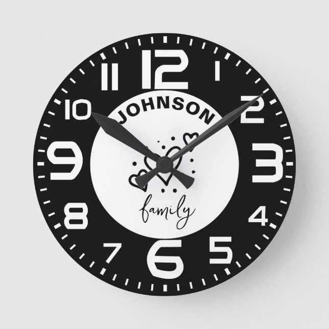 Name der Schwarz-weißen Herzfamilie Runde Wanduhr (Vorderseite)