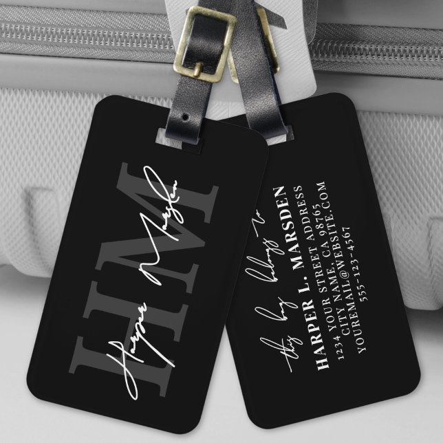 Name der Schwarz-weißen Monogramm Gepäckanhänger (Black White Elegant Monogram Name Luggage Tag)