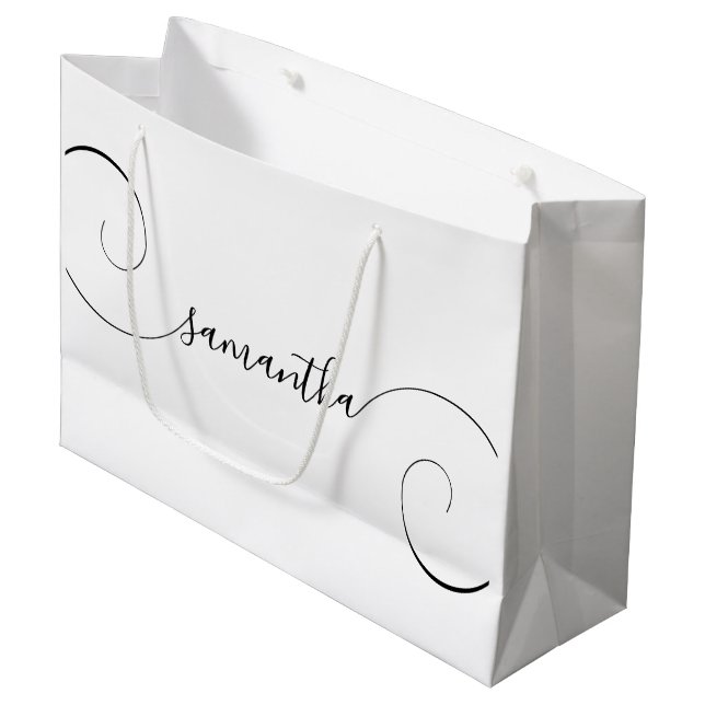Name der schwarzen Curly-Signatur Große Geschenktüte (Vorderseite Schrägansicht)