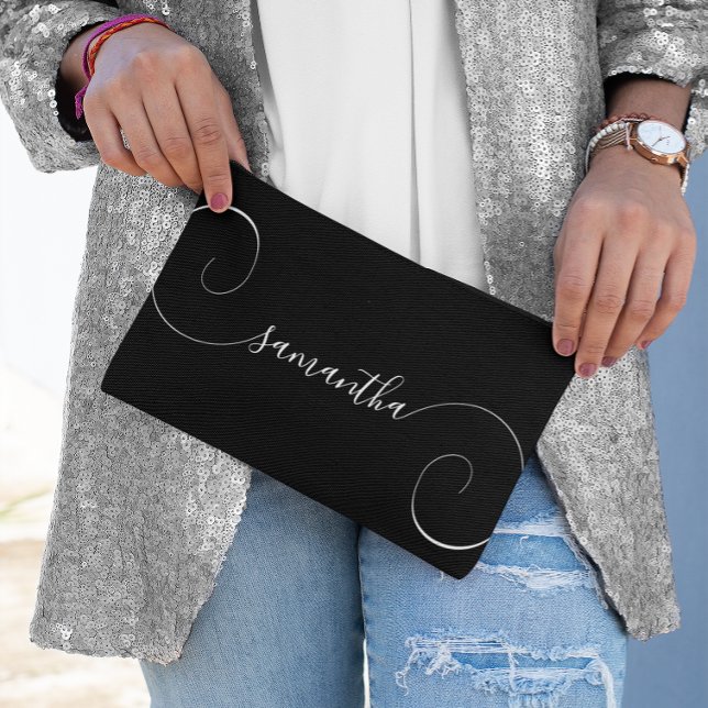 Name der schwarzen und weißen Curry Zubehörtasche (Black and White Curly Signature Name Accessory Pouch)