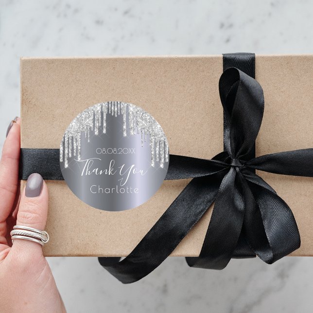 Name der Silver Glitzer Tropfen Vielen Dank Runder Aufkleber (Von Creator hochgeladen)