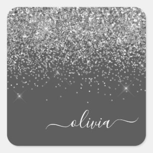 Name der Silver Gray Girly Glitzer Sparkle Monogra Quadratischer Aufkleber