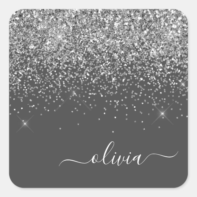 Name der Silver Gray Girly Glitzer Sparkle Monogra Quadratischer Aufkleber (Vorderseite)