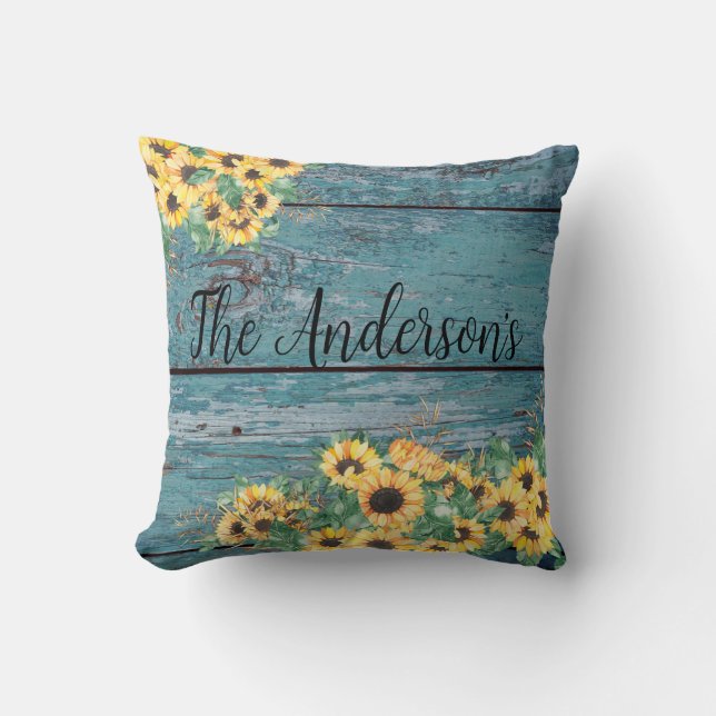 Name der Sonnenblumenfamilie Blue Throw Pillow Kissen (Vorderseite)
