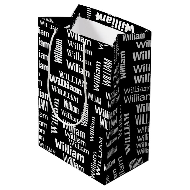 Name der weißen WILLIAM auf schwarz Mittlere Geschenktüte (Rückseite Schrägansicht)