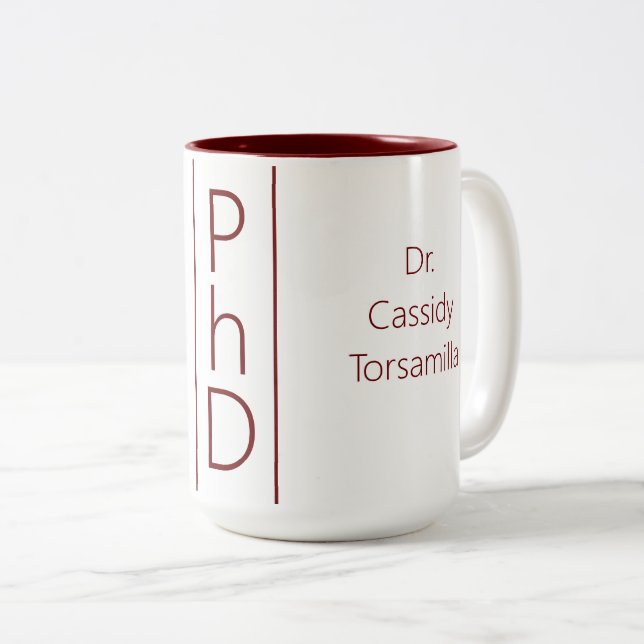 Name des Absolventen White Burgundy PhD Zweifarbige Tasse (VorderseiteRechts)