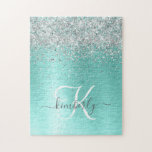 Name des aquamarin gebürsteten Metalls Silber Glit<br><div class="desc">Dieses trendige schicke Puzzle-Design mit hübschem silberglänzenden Glitzer auf aquamarin gebürstetem metallischem Hintergrund ist einfach zu personalisieren.</div>