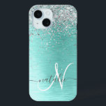 Name des aquamarin gebürsteten Metalls Silber Glit Case-Mate iPhone Hülle<br><div class="desc">Dieses schicke Gehäuse mit hübschem silberfarbenem Glitzer auf aquamarinem,  gebürstetem metallischem Hintergrund ist einfach zu personalisieren.</div>