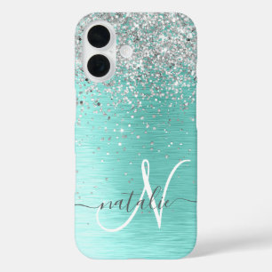 Name des aquamarin gebürsteten Metalls Silber Glit iPhone 16 Hülle