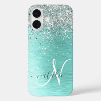 Name des aquamarin gebürsteten Metalls Silber Glit iPhone 16 Hülle