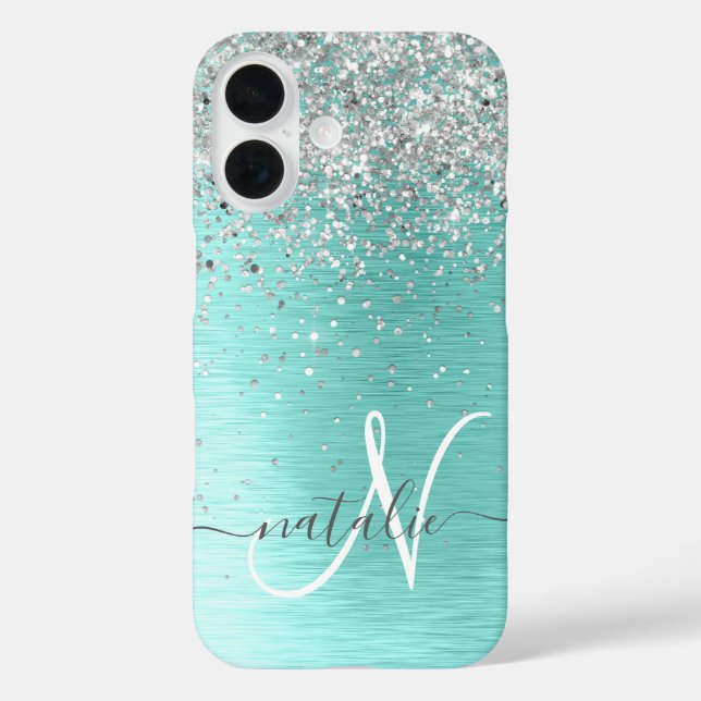 Name des aquamarin gebürsteten Metalls Silber Glit iPhone 16 Hülle (Rückseite)