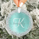Name des aquamarin gebürsteten Metalls Silber Glit Ornament<br><div class="desc">Dieses trendige und schicke Ornament-Design mit hübschem silberglänzenden Imitat-Glitzer auf aquamarinem,  gebürstetem metallischem Hintergrund ist einfach zu personalisieren.</div>