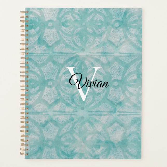 Name des aquamarinen Batik Elegant Monogramms Planer (Vorderseite)