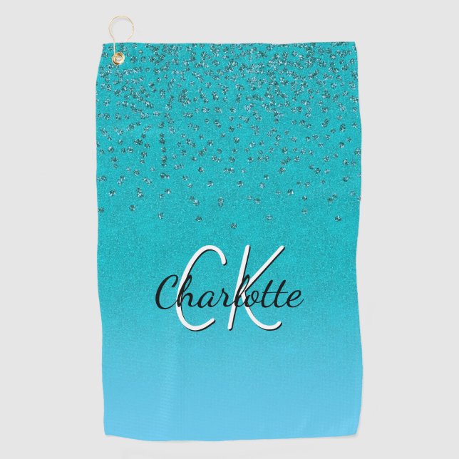 Name des aquamarinen blauen Glitzer Golfhandtuch (Vorderseite)