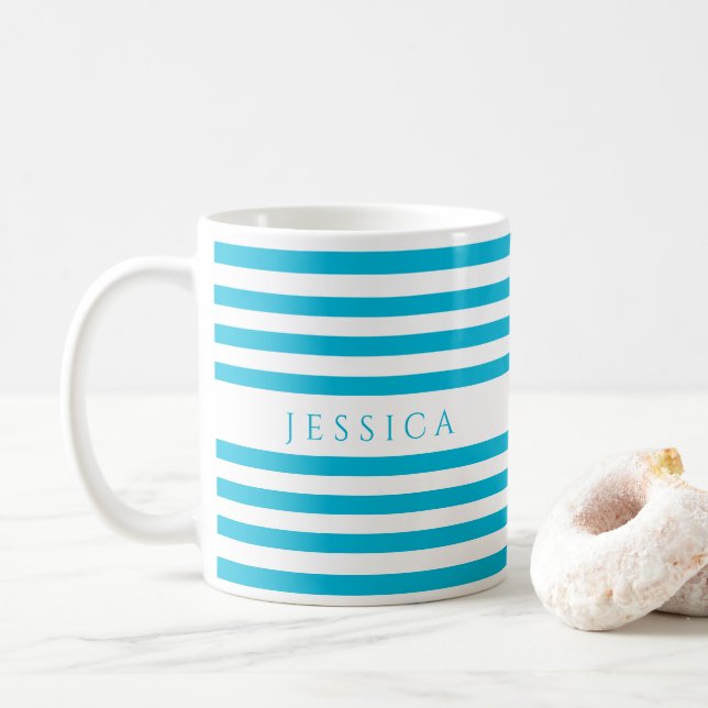 Name des aquamarinen blauen Streifen Kaffeetasse (Mit Donut)
