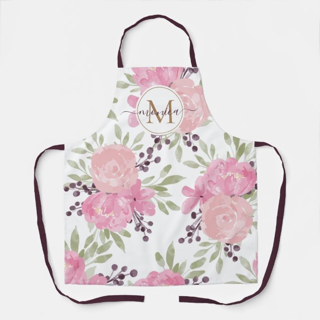 Name des Aquarells Floral Gold Monogram Schürze (Vorderseite)