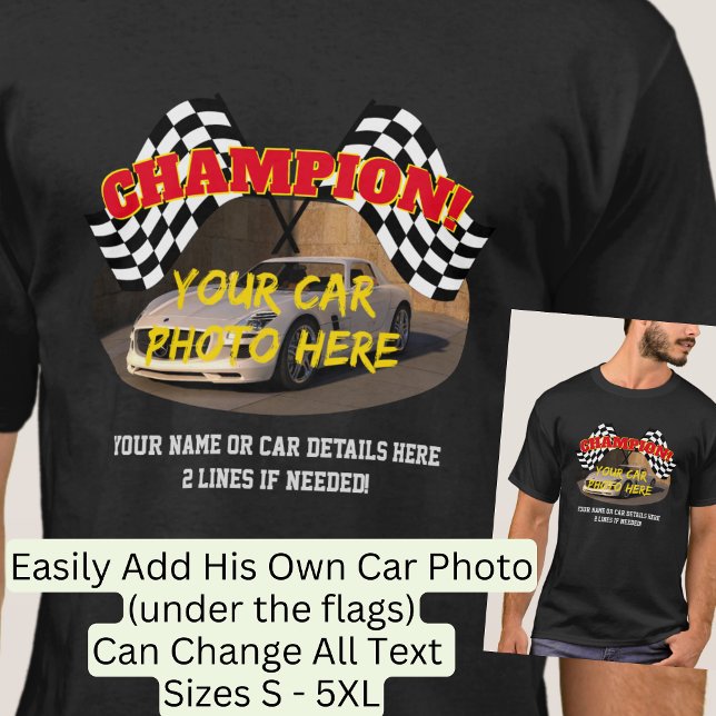 Name des Autos Foto-Textes, Champions Sieger-Flagg T-Shirt (Von Creator hochgeladen)