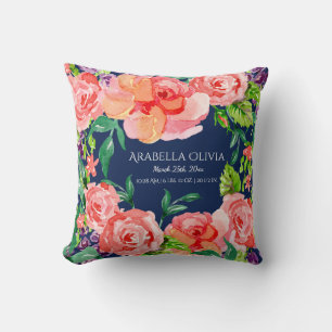 Name des Babys Modernes Aquarellfarben-Navy-Floral Kissen