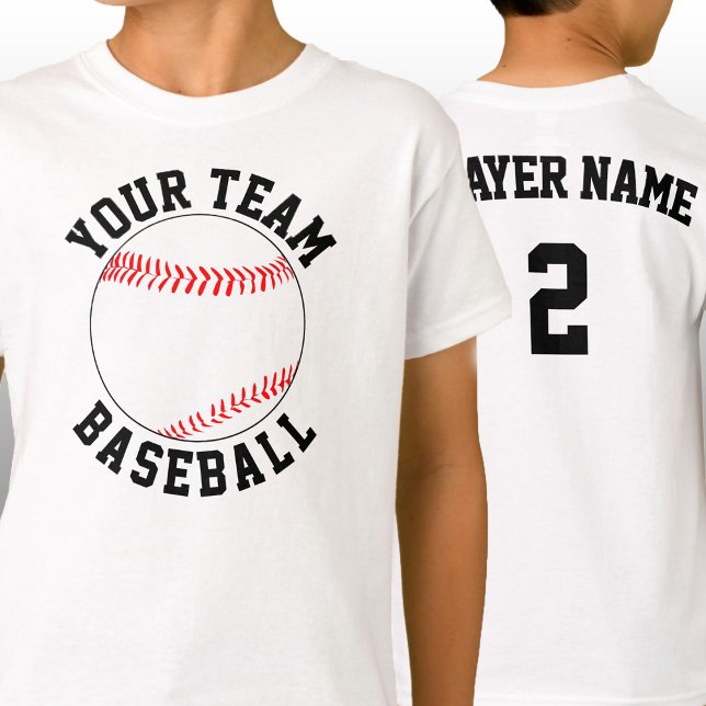 Name des Baseball-Teams, Player & Jersey-Nummer T-Shirt (Custom baseball team shirts with personalized team name, player name and player jersey number.)