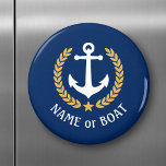 Name des Bootes Anchor Gold Style Laurel Star Navy Magnet<br><div class="desc">Ein Personalisierter Rundmagnet mit Ihrem Bootsnamen,  Familiennamen oder beliebigem Text. Mit einem speziell entwickelten nautischen Bootsanker,  goldenen Blätter und Sternemblem auf Marineblau oder passen die Primärfarbe einfach an Ihr aktuelles Thema an.</div>