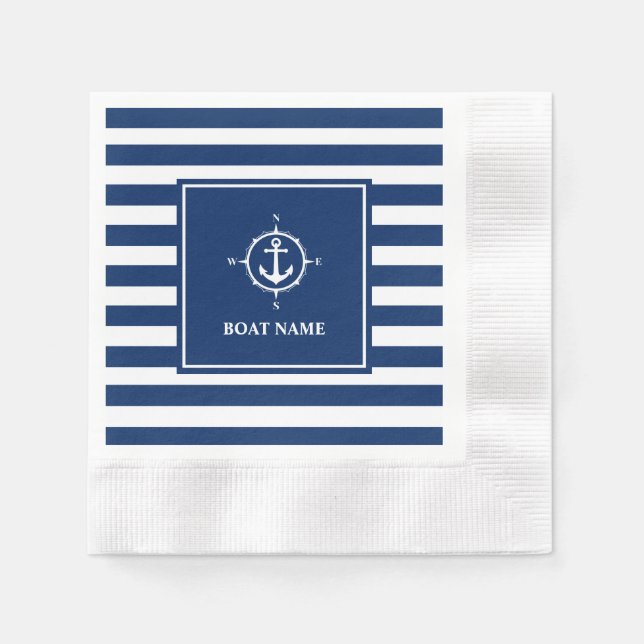 Name des Bootes Kompass Anker Blue Stripes Cocktai Serviette (Vorderseite)