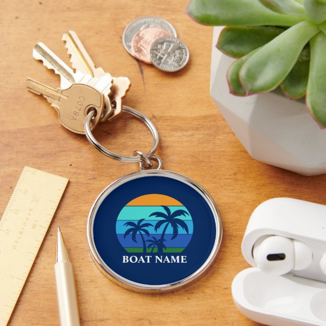Name des Bootes Sun Palm Trees Blue Premium Runde Schlüsselanhänger (Schreibtisch)