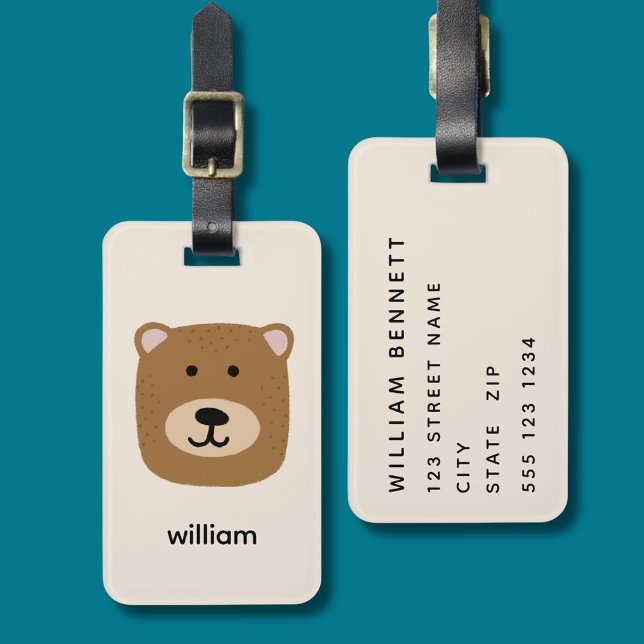 Name des Braunbären Gepäckanhänger (Bear head luggage tag with personalized address and contact details to rear)