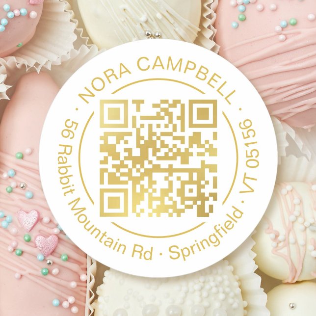 Name des Business Gold QR Codes Adresse Werbeaktio Runder Aufkleber (Modern, professional gold QR code, elegant circle frame and business name and address round sticker.)