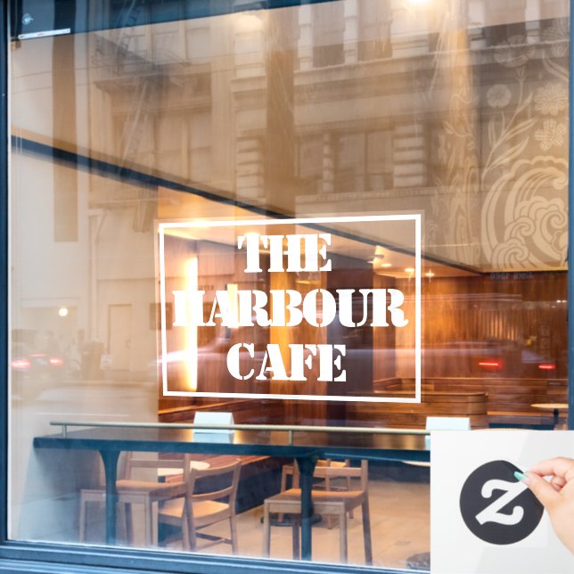 Name des Cafés auf einer Fensterklammer Fensteraufkleber (Café-Fenster)