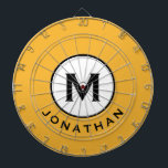 Name des coolen Mustard Yellow Monogramms Dartscheibe<br><div class="desc">Cooles modernes Dartboard in Senfgelb,  Schwarz und Weiß mit Monogramm Initial und Name unten. Personalisieren Sie mit Name und Initial.</div>