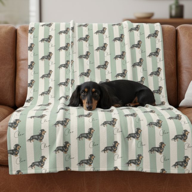 Name des Dackel-Pets für den benutzerdefinierten g Fleecedecke (Get cozy with this "Custom Green Stripe Dachshund Pet Name Fleece Blanket"!)