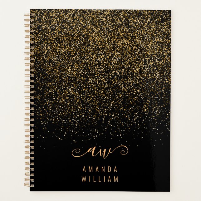 Name des eleganten Gold Glitzer Glam Monogram Planer (Vorderseite)