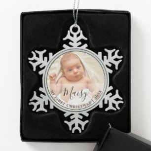 Name des ersten Weihnachtsbaby-Fotoskripts Schneeflocken Zinn-Ornament