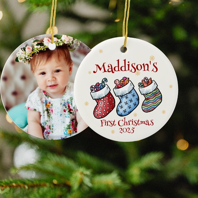 Name des ersten Weihnachtsbanns, Geburtsstunde des Keramik Ornament (Baby’s First Christmas Photo Name, Birth Stats Ceramic Ornament)