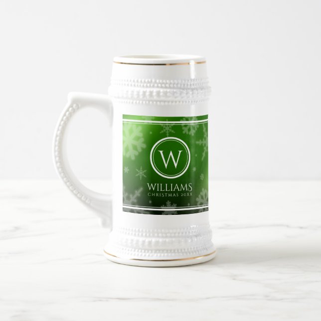 Name des Festivals Green Foil Snowflakes Monogramm Bierglas (Links)