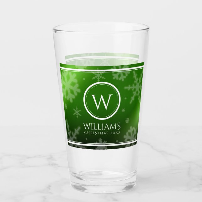 Name des Festivals Green Foil Snowflakes Monogramm Glas (Vorderseite)
