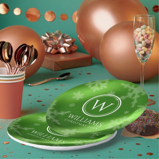 Name des Festivals Green Foil Snowflakes Monogramm Pappteller (Multi)