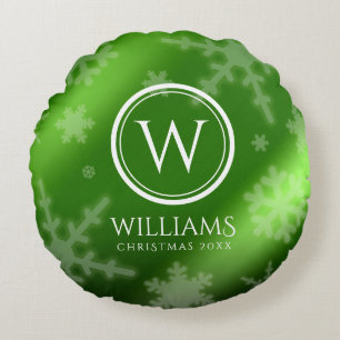 Name des Festivals Green Foil Snowflakes Monogramm Rundes Kissen