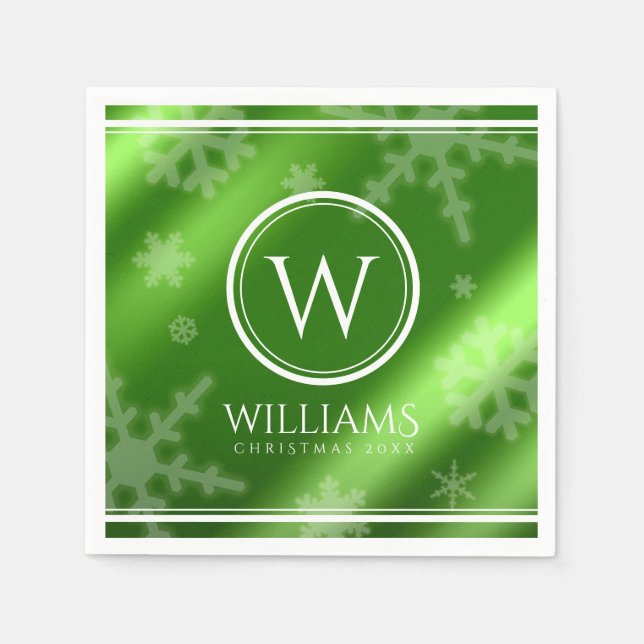 Name des Festivals Green Foil Snowflakes Monogramm Serviette (Vorderseite)