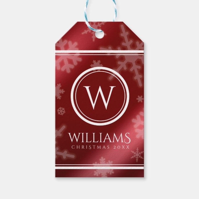 Name des Festivals Red Foil Snowflakes Monogramm Geschenkanhänger (Vorderseite)