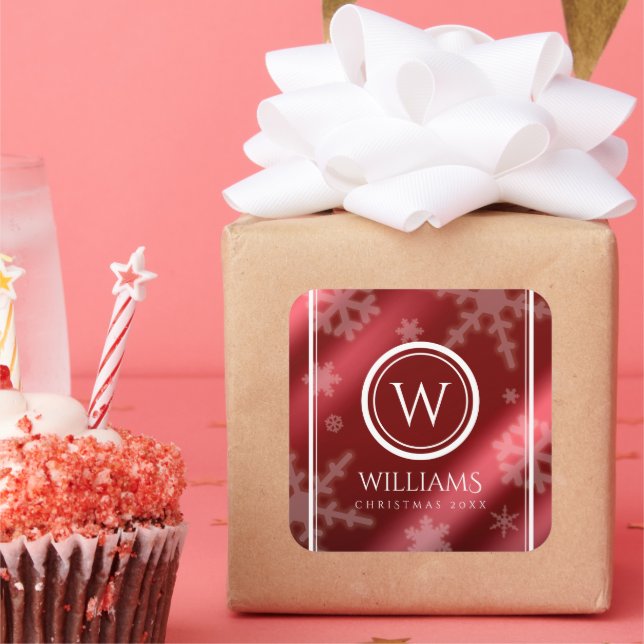 Name des Festivals Red Foil Snowflakes Monogramm Quadratischer Aufkleber (Party)