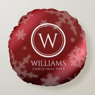 Name des Festivals Red Foil Snowflakes Monogramm Rundes Kissen