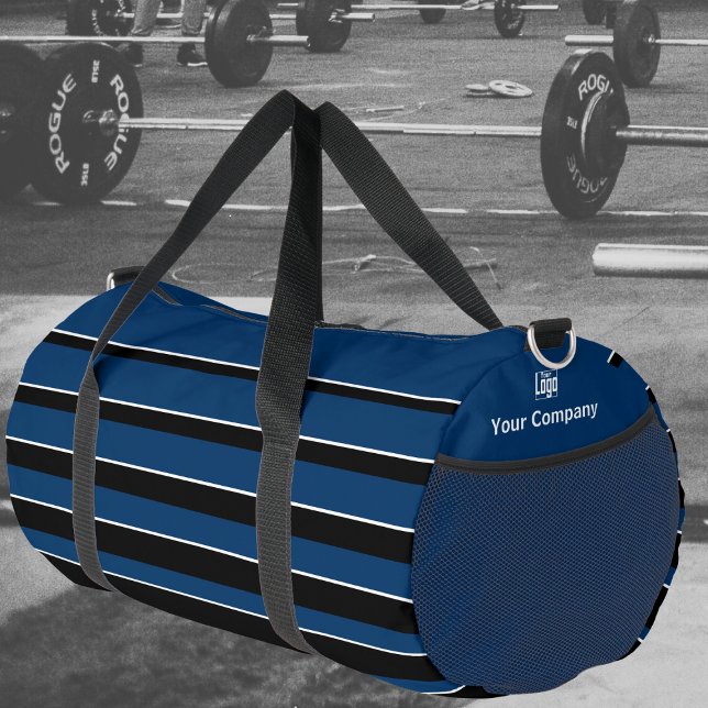 Name des Firmenlogos gestrichen Blau Schwarz Duffle Bag (Business Logo Name Striped Blue White Black Duffle Bag, Promotional Gift, Merchandise)